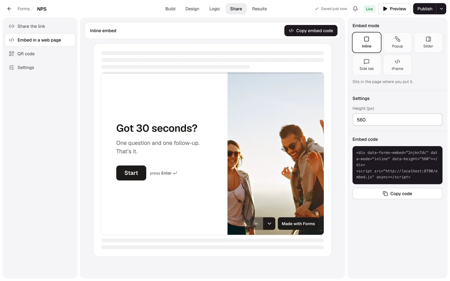 The Embed in a web page section with the embed modes, a preview and the embed code