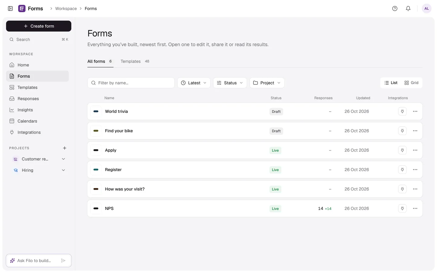 The Forms page listing forms with their status, responses and last update