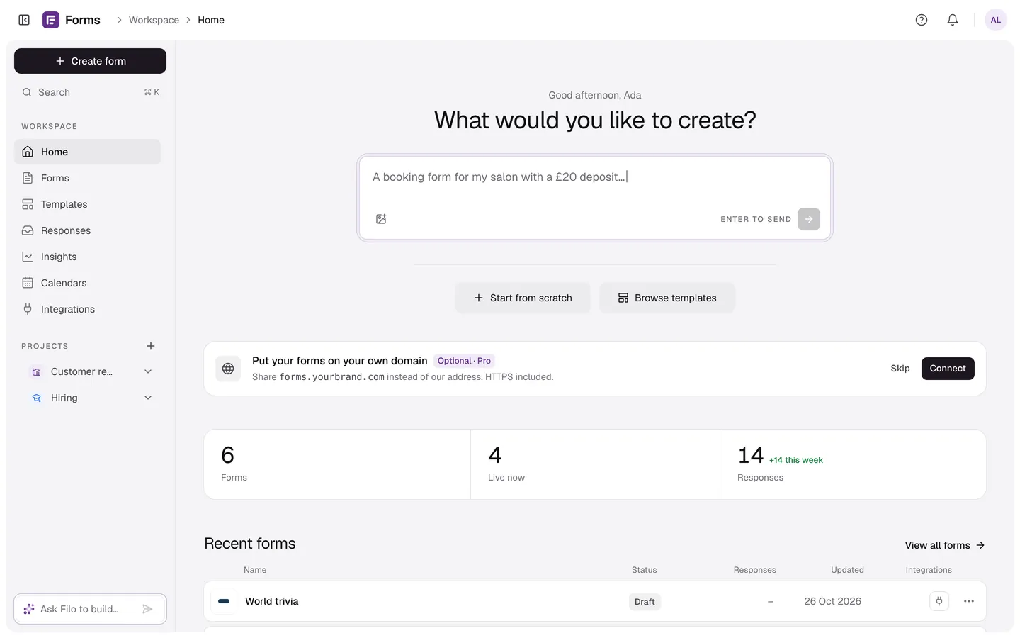 FormsAI Home with the What would you like to create box, the Build, Share and Learn shortcuts and recent forms