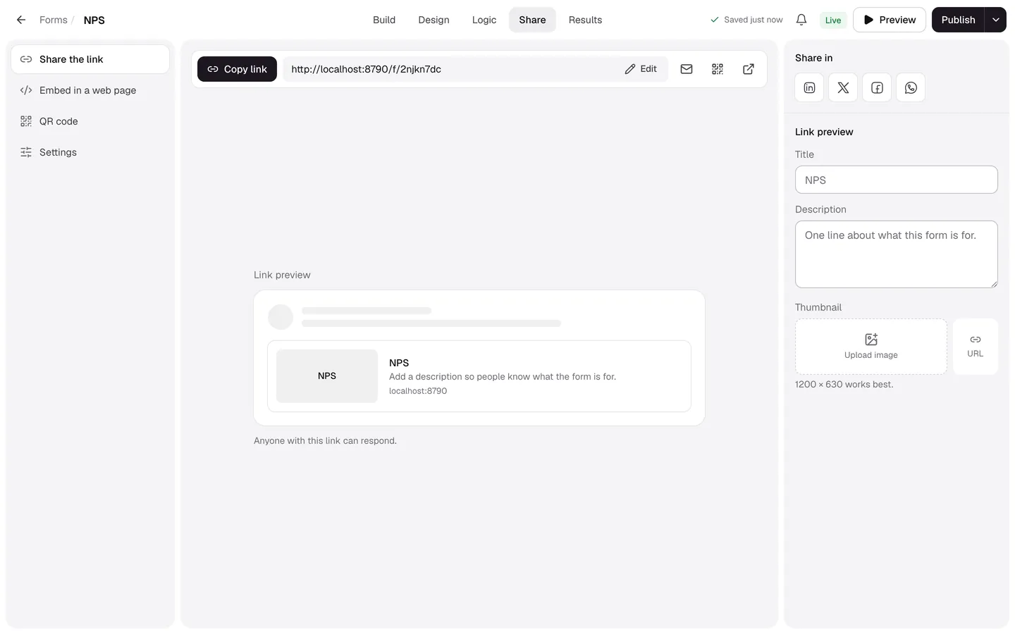 The Share tab with Share the link selected, the form's link with Copy link, share buttons and the link preview