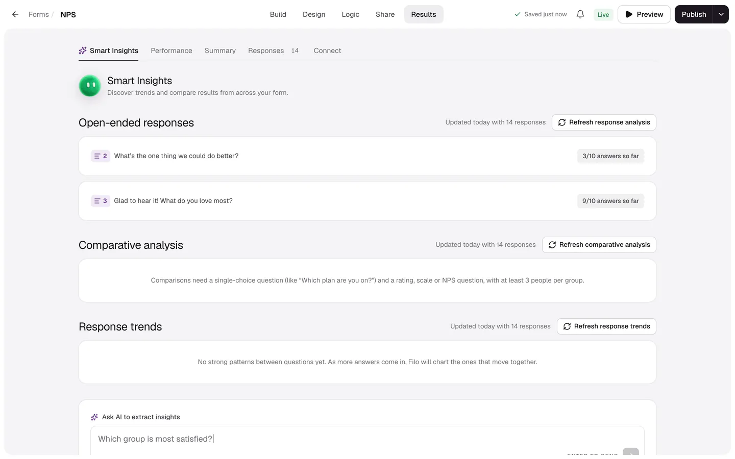 Smart Insights showing themes from open-ended answers with sentiment and quotes