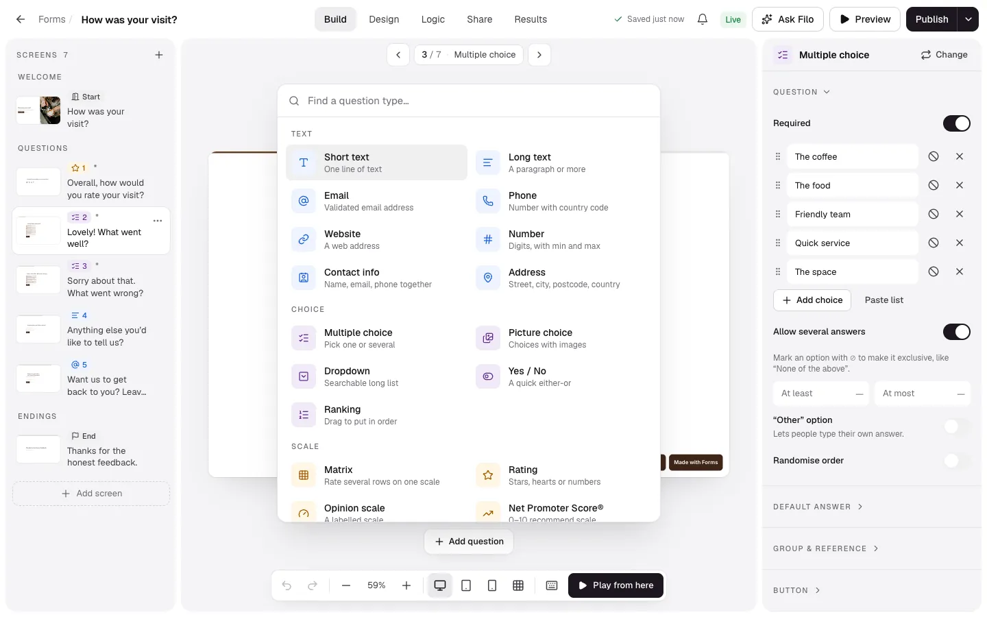The add menu over the builder, listing question types under Text, Choice and Scale with a search box