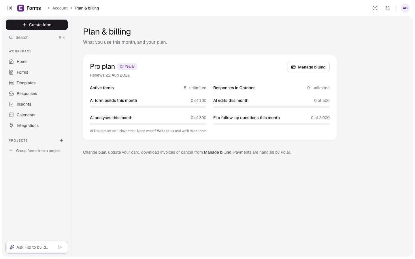 Plan & billing showing the Pro plan, Manage billing and this month’s usage meters