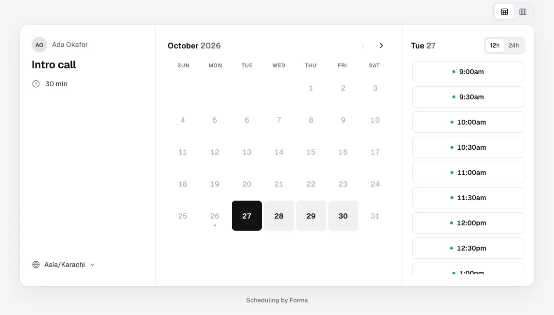 A booking page for a 30 minute intro call with a month calendar and the day’s open times