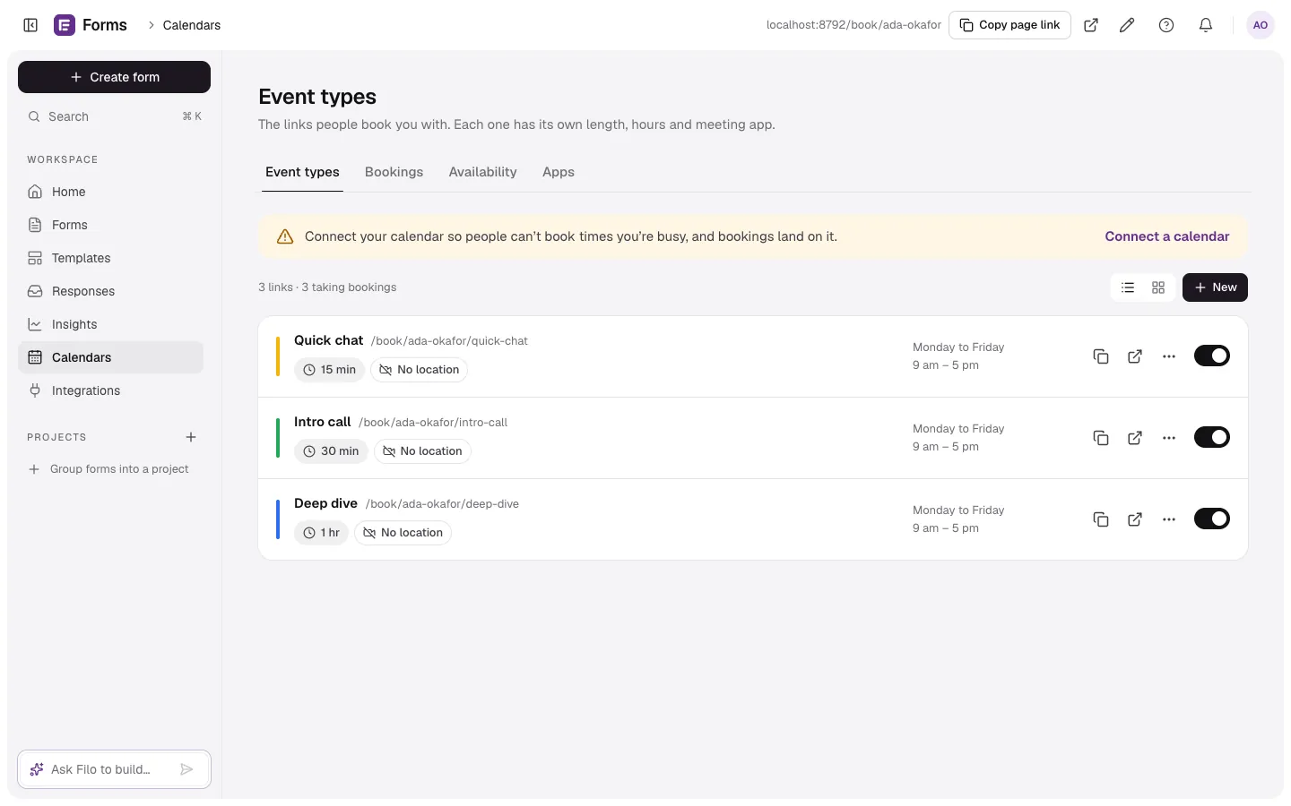Calendars → Event types listing Quick chat, Intro call and Deep dive with their length, hours and an on switch