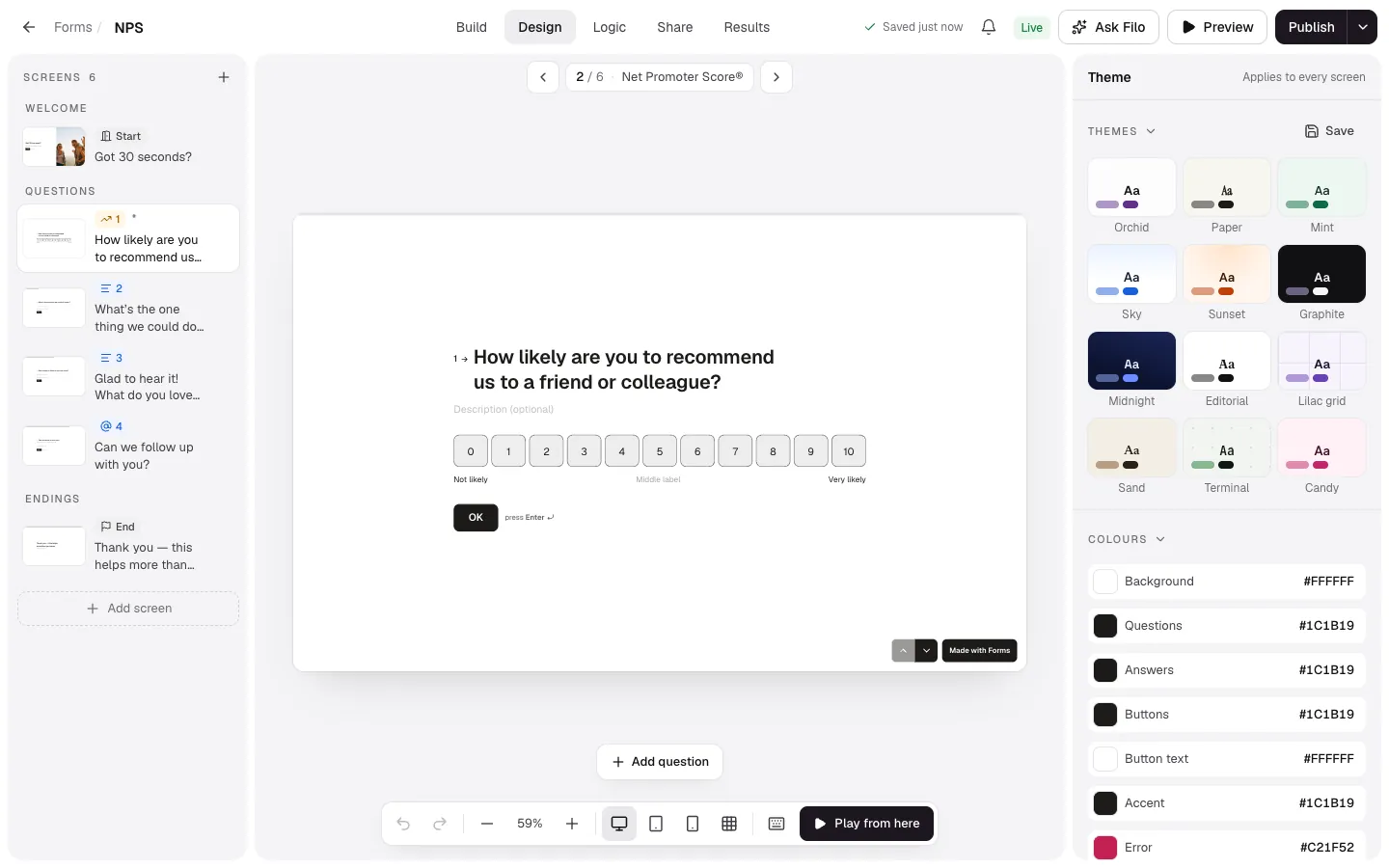 The Design tab with theme swatches, colours and typography settings beside the form