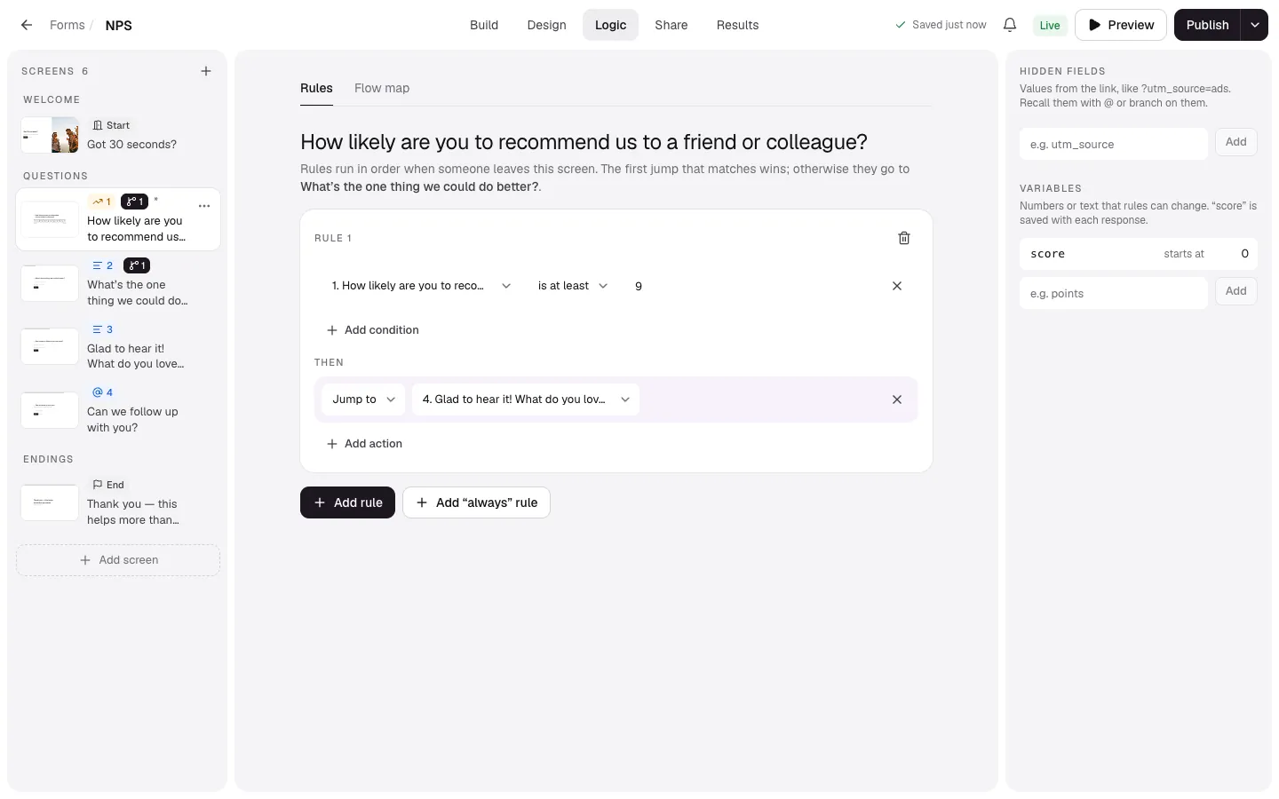 The Logic tab with a rule on an NPS question: if the answer is at least 9, jump to the question for promoters