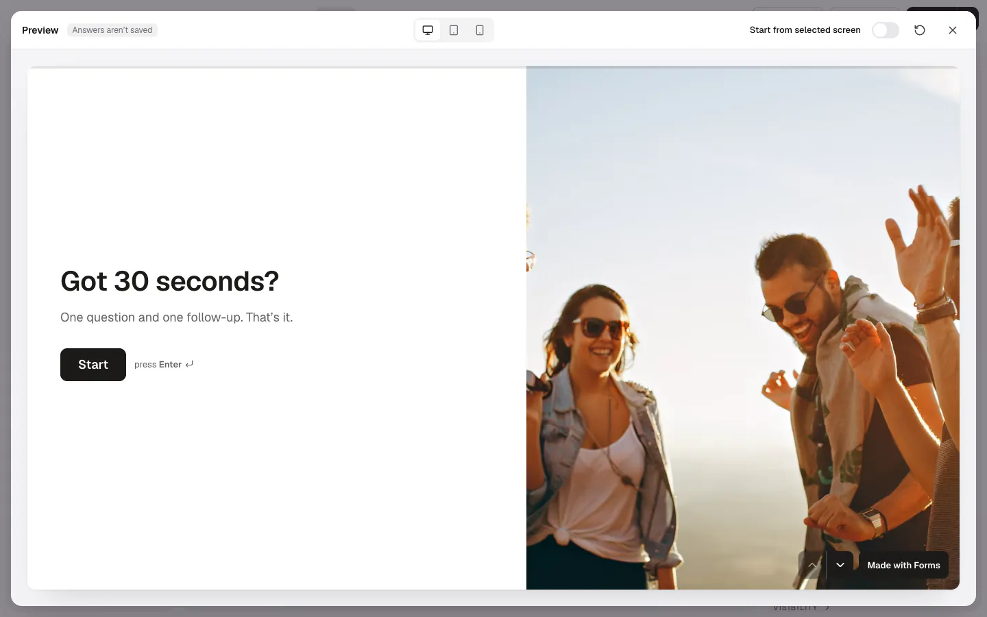 The preview dialog showing a form’s welcome screen with device buttons and Restart at the top