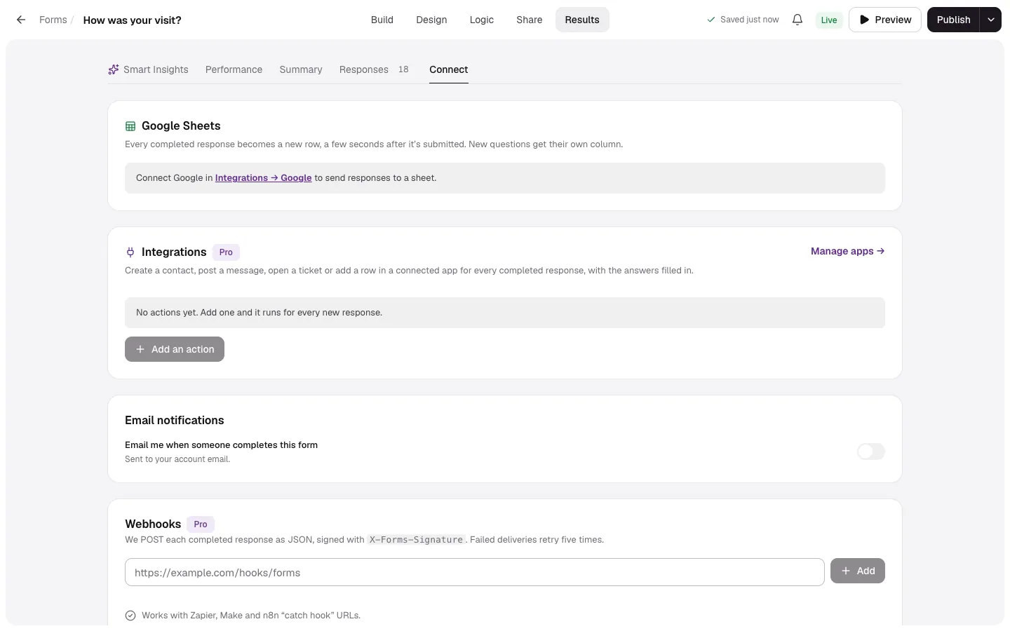 Results → Connect with Google Sheets, Integrations, Email notifications and Webhooks cards