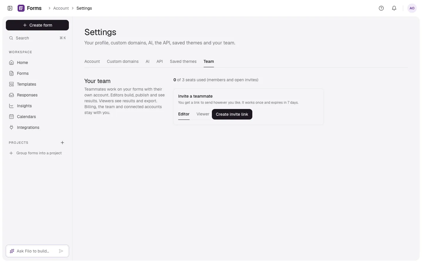 Settings → Team with Your team, seats used and Invite a teammate with Editor or Viewer and Create invite link