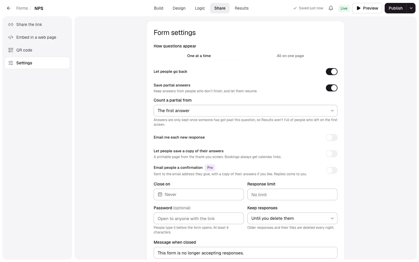 Share → Settings with How questions appear, partial answers, emails, close date, response limit, password and retention